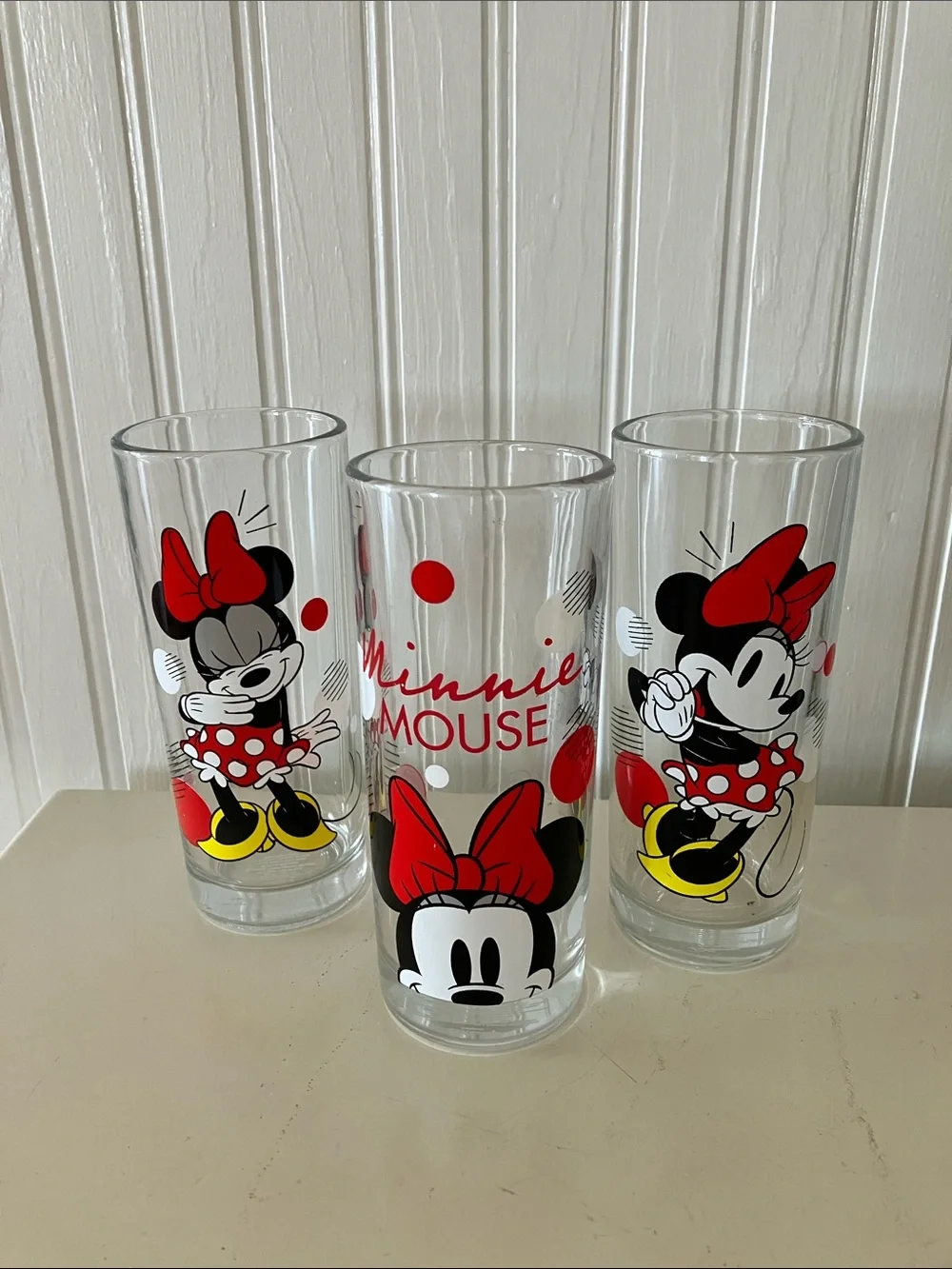 Disney Minnie Mouse Clear Glass Tumblers with Red and Yellow Accents - Set of 3